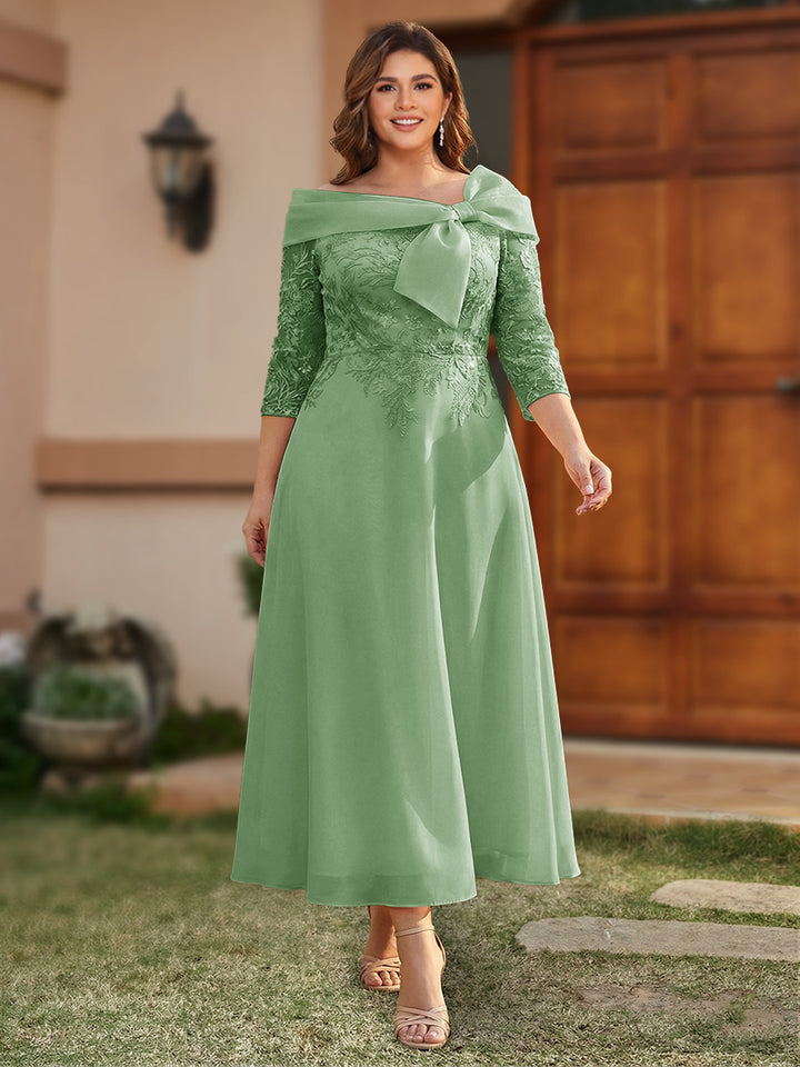 A-Line/Princess Off-the-Shoulder Ankle-Length Plus Size Mother of the Bride Dresses With Bow(s) &amp; Appliques