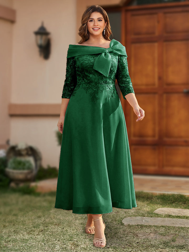 A-Line/Princess Off-the-Shoulder Ankle-Length Plus Size Mother of the Bride Dresses With Bow(s) &amp; Appliques