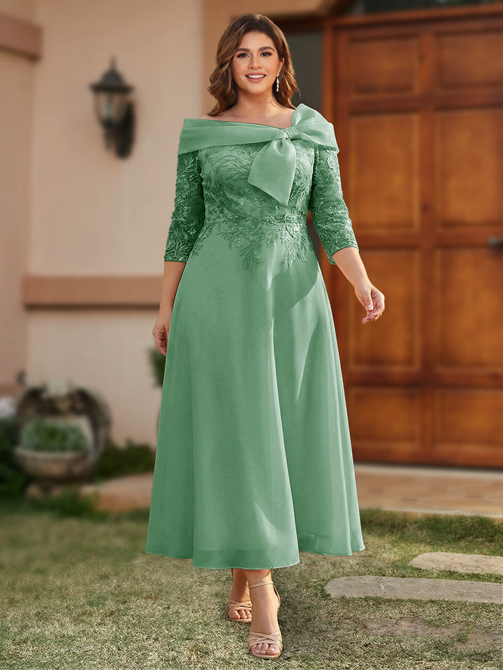 A-Line/Princess Off-the-Shoulder Ankle-Length Plus Size Mother of the Bride Dresses With Bow(s) &amp; Appliques