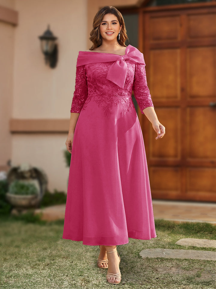 A-Line/Princess Off-the-Shoulder Ankle-Length Plus Size Mother of the Bride Dresses With Bow(s) &amp; Appliques