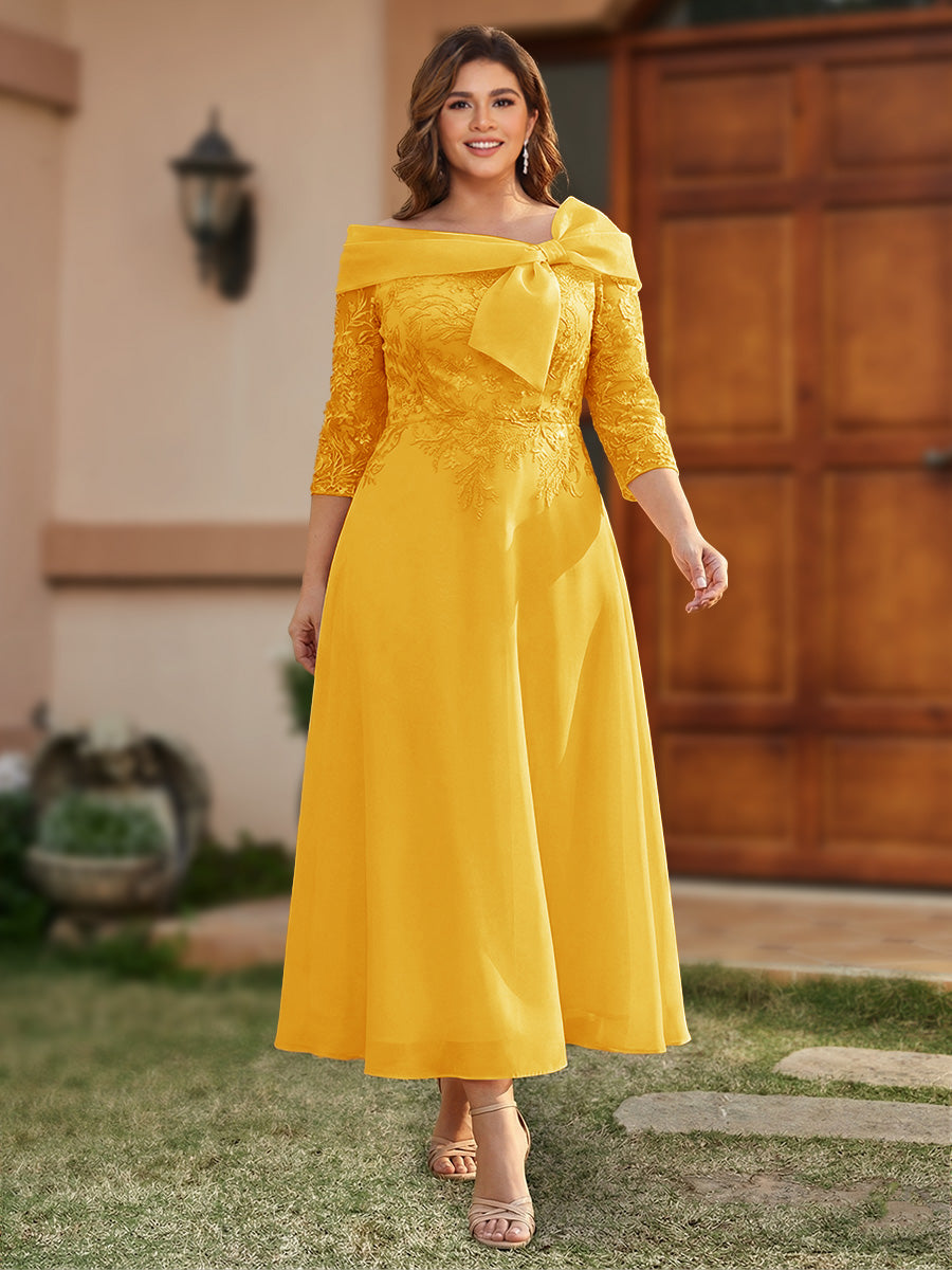 A-Line/Princess Off-the-Shoulder Ankle-Length Plus Size Mother of the Bride Dresses With Bow(s) &amp; Appliques