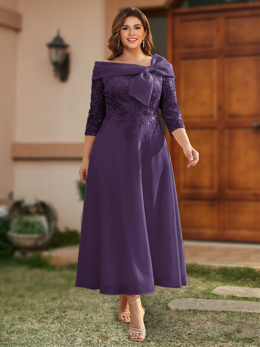 A-Line/Princess Off-the-Shoulder Ankle-Length Plus Size Mother of the Bride Dresses With Bow(s) &amp; Appliques