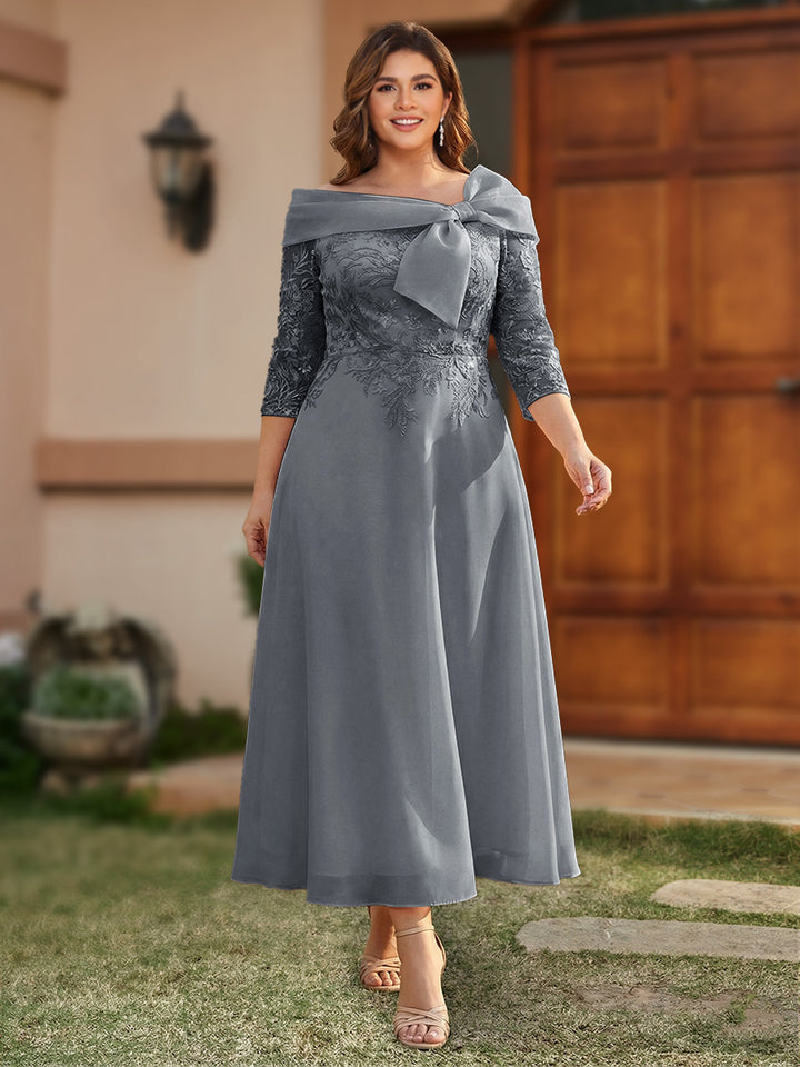A-Line/Princess Off-the-Shoulder Ankle-Length Plus Size Mother of the Bride Dresses With Bow(s) &amp; Appliques