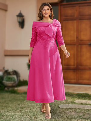 A-Line/Princess Off-the-Shoulder Ankle-Length Plus Size Mother of the Bride Dresses With Bow(s) & Appliques