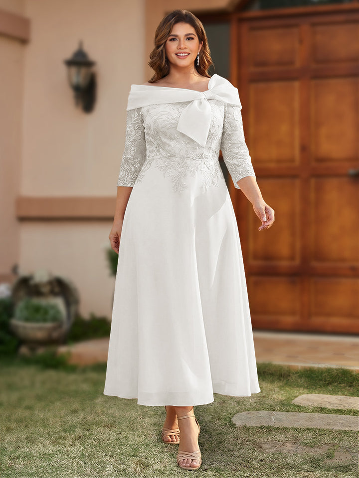 A-Line/Princess Off-the-Shoulder Ankle-Length Plus Size Mother of the Bride Dresses With Bow(s) &amp; Appliques
