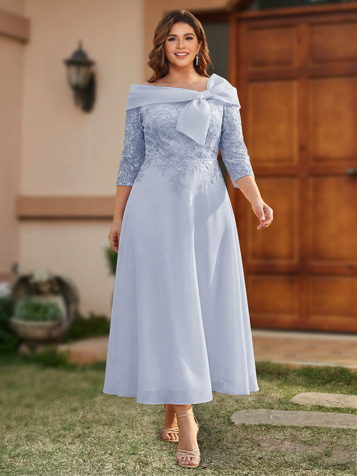 A-Line/Princess Off-the-Shoulder Ankle-Length Plus Size Mother of the Bride Dresses With Bow(s) &amp; Appliques
