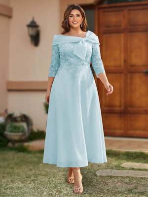A-Line/Princess Off-the-Shoulder Ankle-Length Plus Size Mother of the Bride Dresses With Bow(s) & Appliques