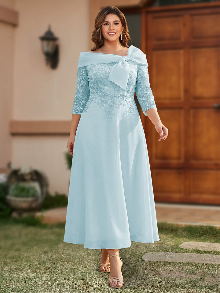 A-Line/Princess Off-the-Shoulder Ankle-Length Plus Size Mother of the Bride Dresses With Bow(s) &amp; Appliques