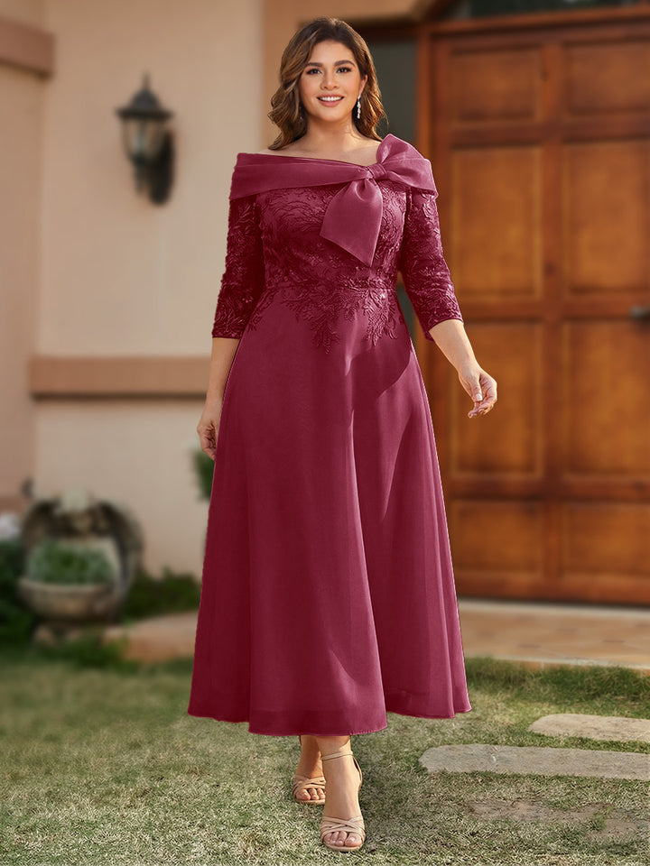 A-Line/Princess Off-the-Shoulder Ankle-Length Plus Size Mother of the Bride Dresses With Bow(s) &amp; Appliques