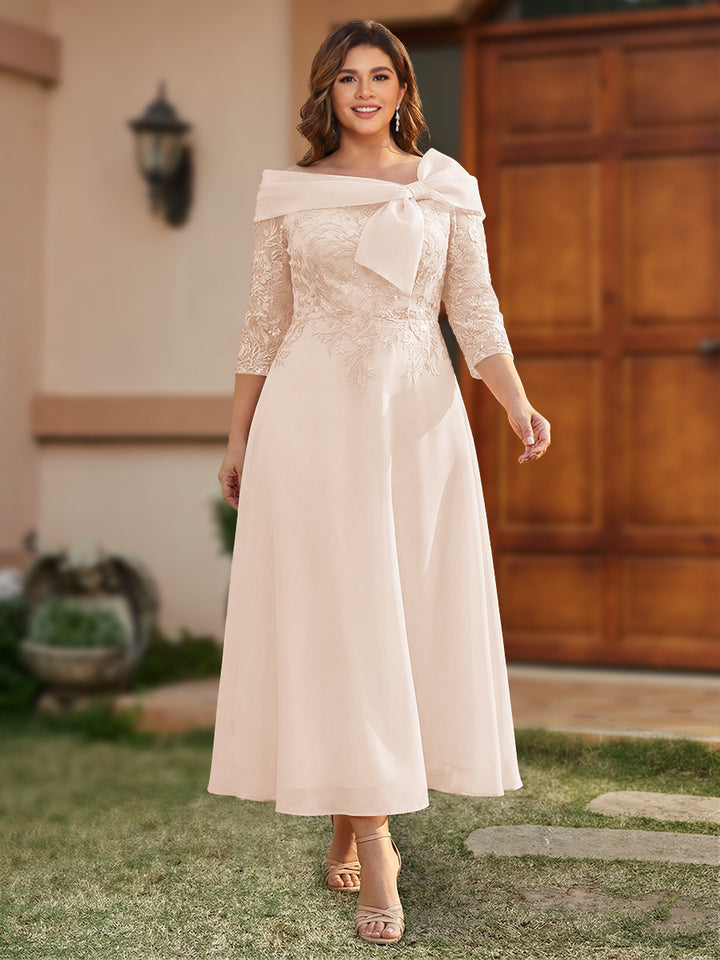 A-Line/Princess Off-the-Shoulder Ankle-Length Plus Size Mother of the Bride Dresses With Bow(s) &amp; Appliques