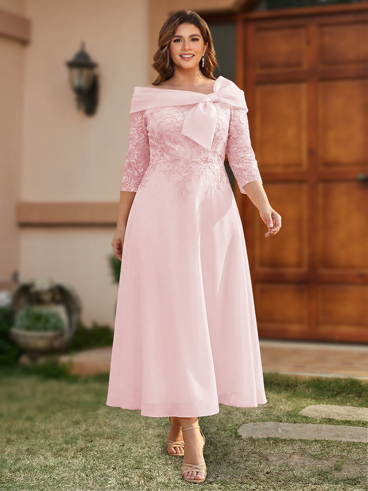 A-Line/Princess Off-the-Shoulder Ankle-Length Plus Size Mother of the Bride Dresses With Bow(s) &amp; Appliques