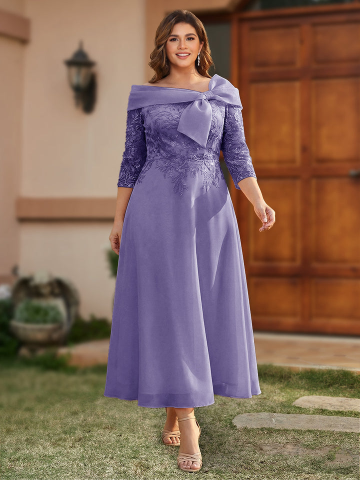 A-Line/Princess Off-the-Shoulder Ankle-Length Plus Size Mother of the Bride Dresses With Bow(s) &amp; Appliques