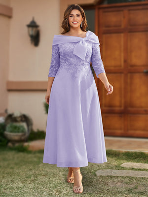 A-Line/Princess Off-the-Shoulder Ankle-Length Plus Size Mother of the Bride Dresses With Bow(s) & Appliques