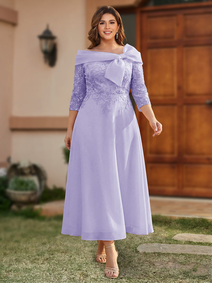A-Line/Princess Off-the-Shoulder Ankle-Length Plus Size Mother of the Bride Dresses With Bow(s) &amp; Appliques