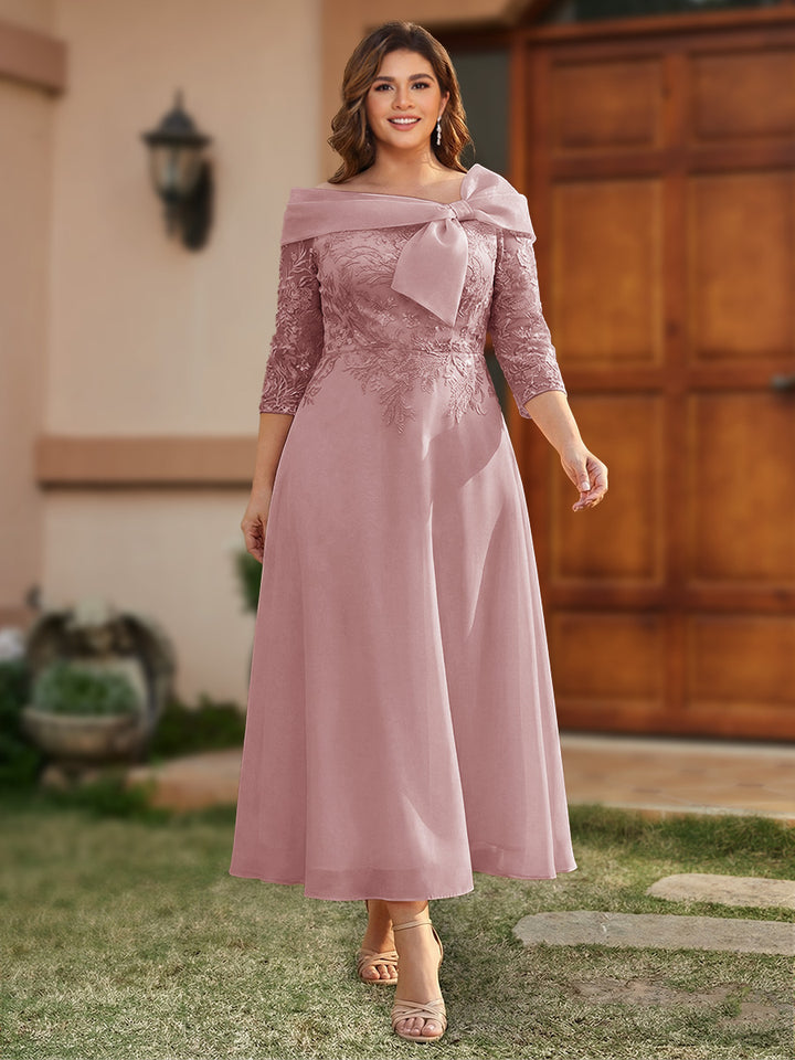 A-Line/Princess Off-the-Shoulder Ankle-Length Plus Size Mother of the Bride Dresses With Bow(s) &amp; Appliques