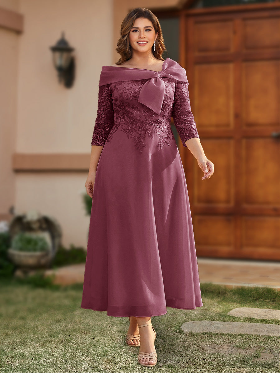 A-Line/Princess Off-the-Shoulder Ankle-Length Plus Size Mother of the Bride Dresses With Bow(s) &amp; Appliques