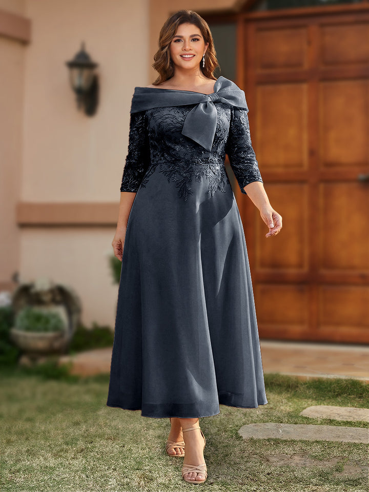 A-Line/Princess Off-the-Shoulder Ankle-Length Plus Size Mother of the Bride Dresses With Bow(s) &amp; Appliques