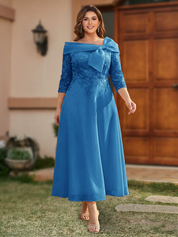 A-Line/Princess Off-the-Shoulder Ankle-Length Plus Size Mother of the Bride Dresses With Bow(s) &amp; Appliques