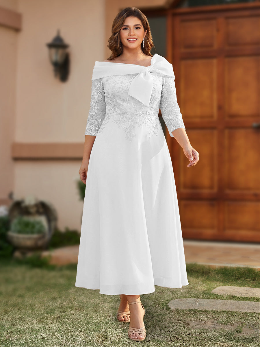 A-Line/Princess Off-the-Shoulder Ankle-Length Plus Size Mother of the Bride Dresses With Bow(s) &amp; Appliques
