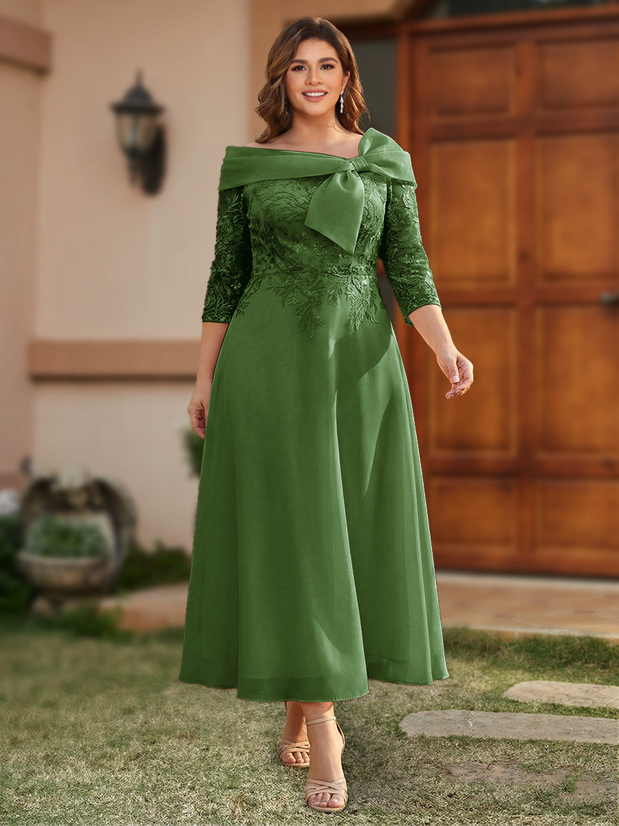 A-Line/Princess Off-the-Shoulder Ankle-Length Plus Size Mother of the Bride Dresses With Bow(s) &amp; Appliques