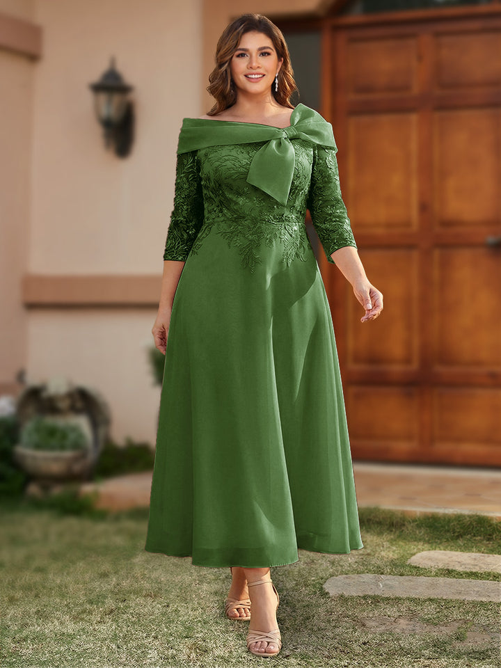 A-Line/Princess Off-the-Shoulder Ankle-Length Plus Size Mother of the Bride Dresses With Bow(s) &amp; Appliques