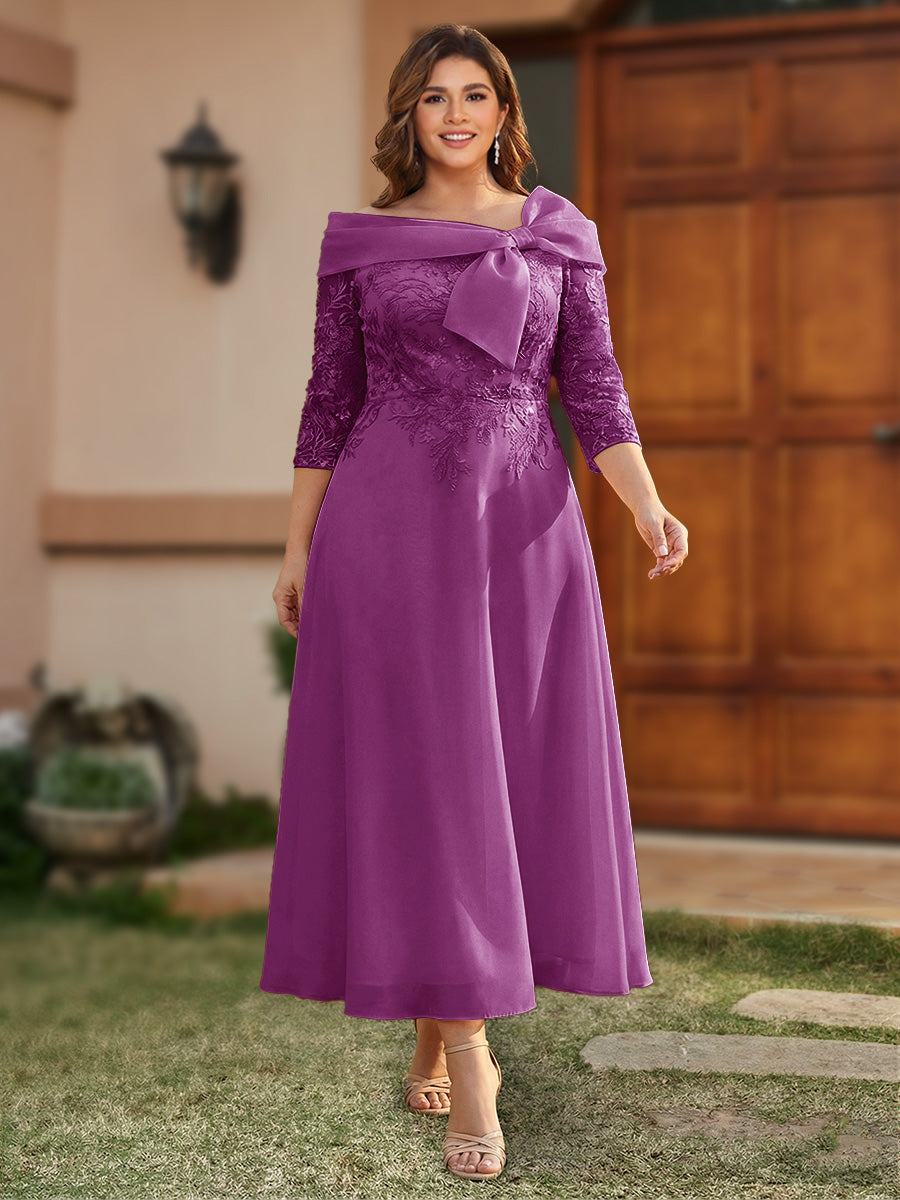 A-Line/Princess Off-the-Shoulder Ankle-Length Plus Size Mother of the Bride Dresses With Bow(s) &amp; Appliques