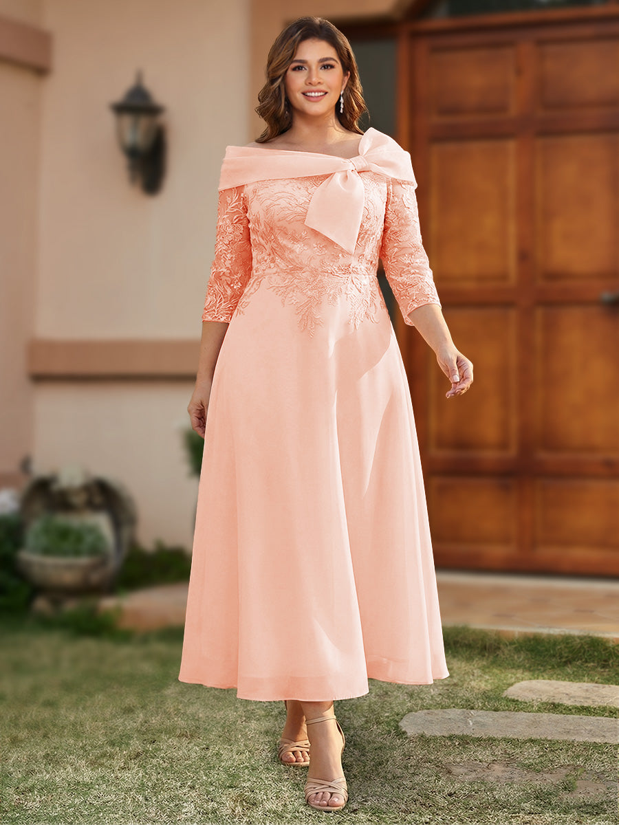 A-Line/Princess Off-the-Shoulder Ankle-Length Plus Size Mother of the Bride Dresses With Bow(s) &amp; Appliques