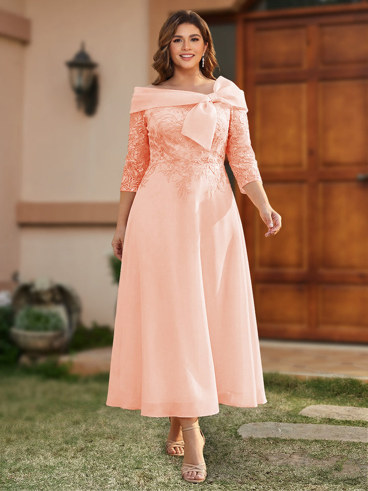 A-Line/Princess Off-the-Shoulder Ankle-Length Plus Size Mother of the Bride Dresses With Bow(s) &amp; Appliques