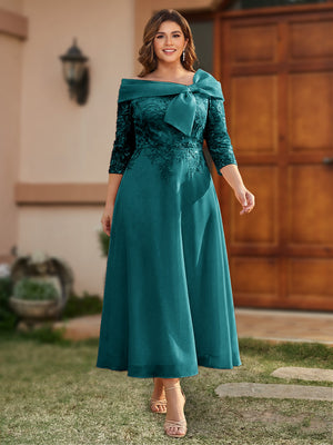 A-Line/Princess Off-the-Shoulder Ankle-Length Plus Size Mother of the Bride Dresses With Bow(s) & Appliques