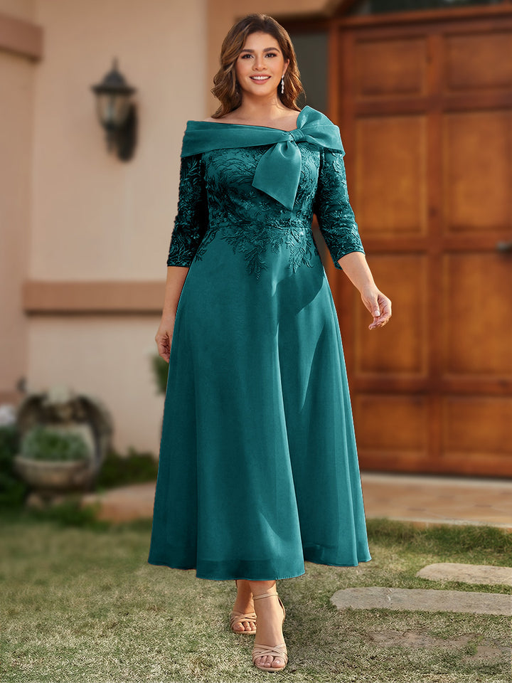A-Line/Princess Off-the-Shoulder Ankle-Length Plus Size Mother of the Bride Dresses With Bow(s) &amp; Appliques