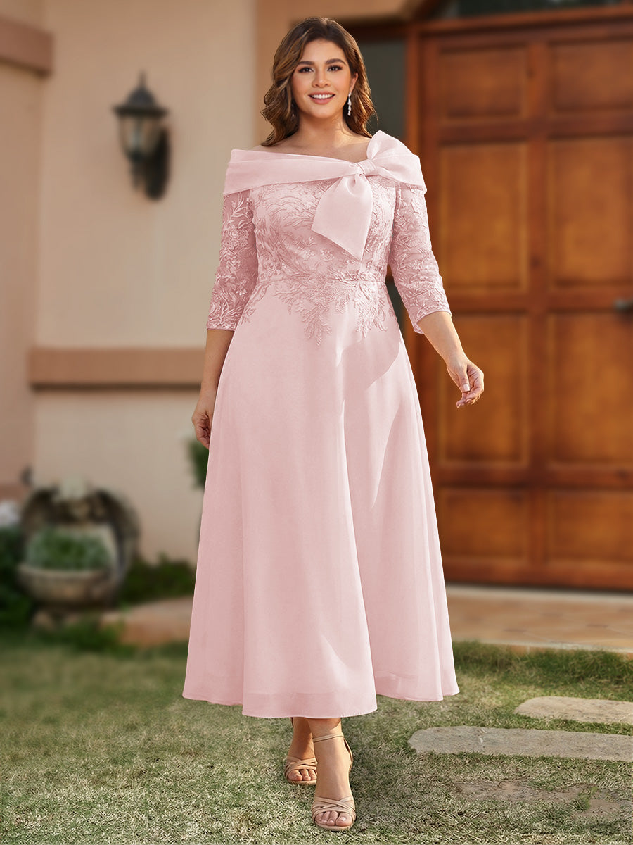 A-Line/Princess Off-the-Shoulder Ankle-Length Plus Size Mother of the Bride Dresses With Bow(s) &amp; Appliques