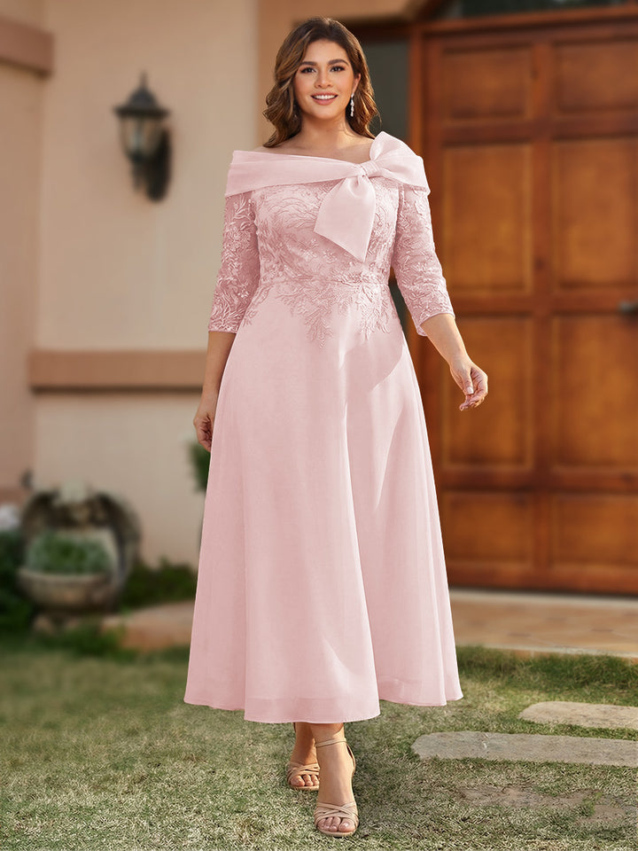 A-Line/Princess Off-the-Shoulder Ankle-Length Plus Size Mother of the Bride Dresses With Bow(s) &amp; Appliques