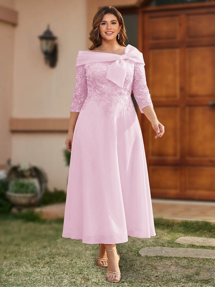 A-Line/Princess Off-the-Shoulder Ankle-Length Plus Size Mother of the Bride Dresses With Bow(s) &amp; Appliques