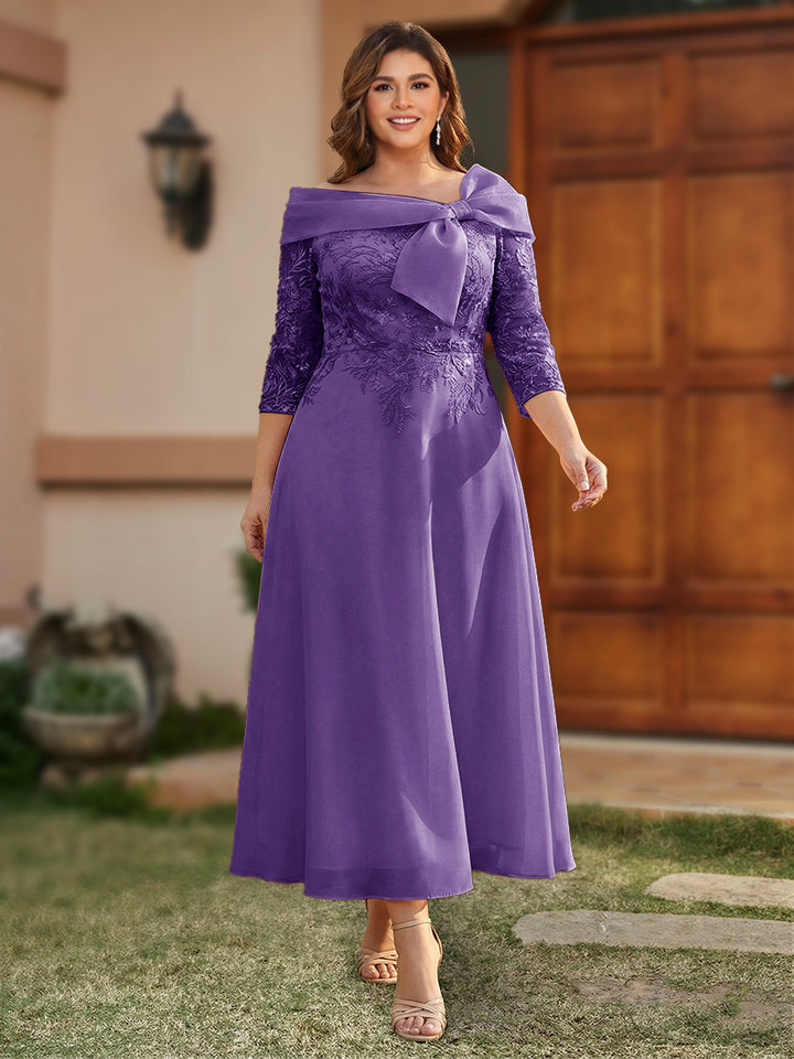 A-Line/Princess Off-the-Shoulder Ankle-Length Plus Size Mother of the Bride Dresses With Bow(s) &amp; Appliques