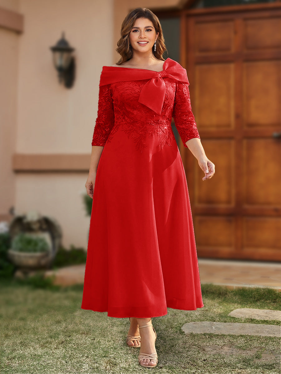 A-Line/Princess Off-the-Shoulder Ankle-Length Plus Size Mother of the Bride Dresses With Bow(s) &amp; Appliques