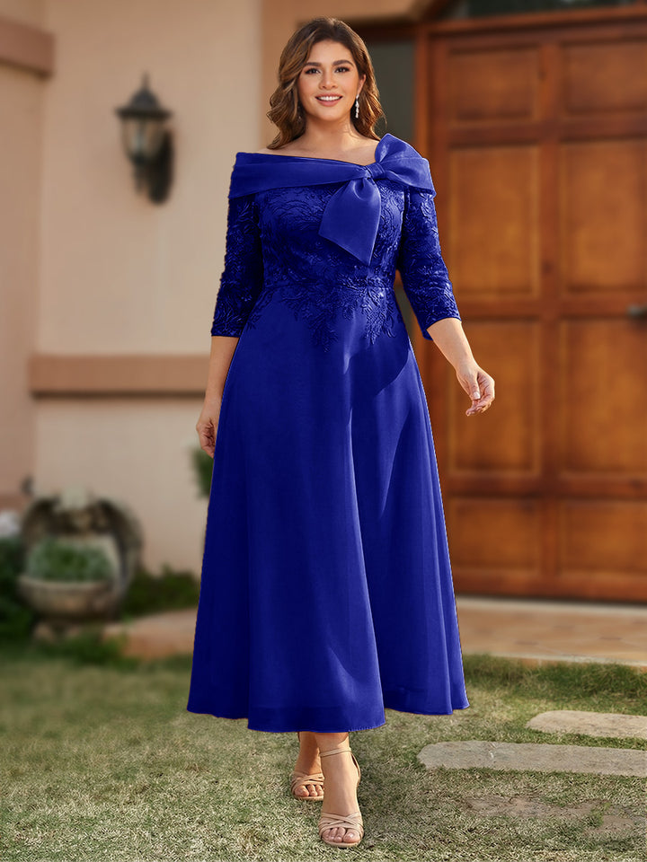 A-Line/Princess Off-the-Shoulder Ankle-Length Plus Size Mother of the Bride Dresses With Bow(s) &amp; Appliques