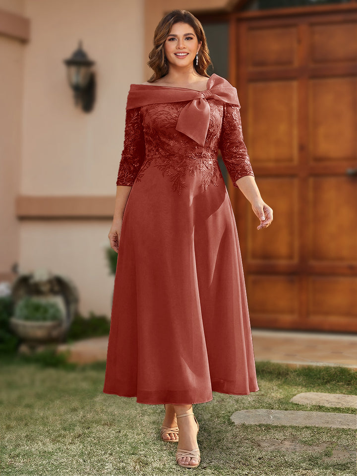 A-Line/Princess Off-the-Shoulder Ankle-Length Plus Size Mother of the Bride Dresses With Bow(s) &amp; Appliques