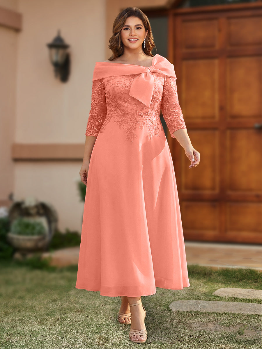 A-Line/Princess Off-the-Shoulder Ankle-Length Plus Size Mother of the Bride Dresses With Bow(s) &amp; Appliques