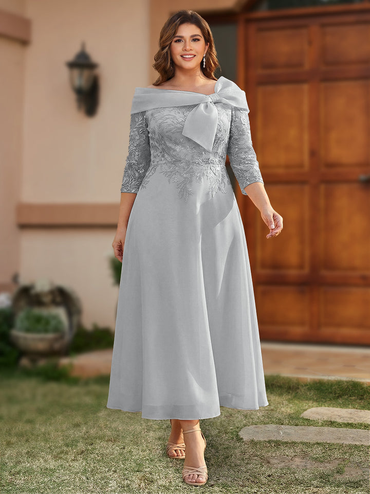 A-Line/Princess Off-the-Shoulder Ankle-Length Plus Size Mother of the Bride Dresses With Bow(s) &amp; Appliques