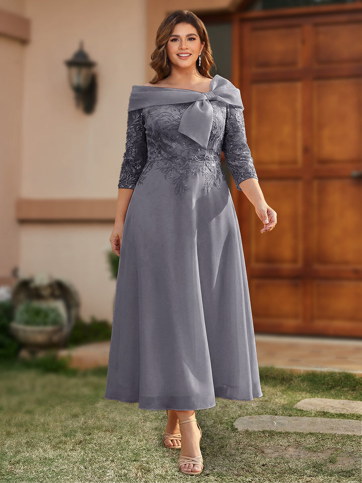 A-Line/Princess Off-the-Shoulder Ankle-Length Plus Size Mother of the Bride Dresses With Bow(s) &amp; Appliques