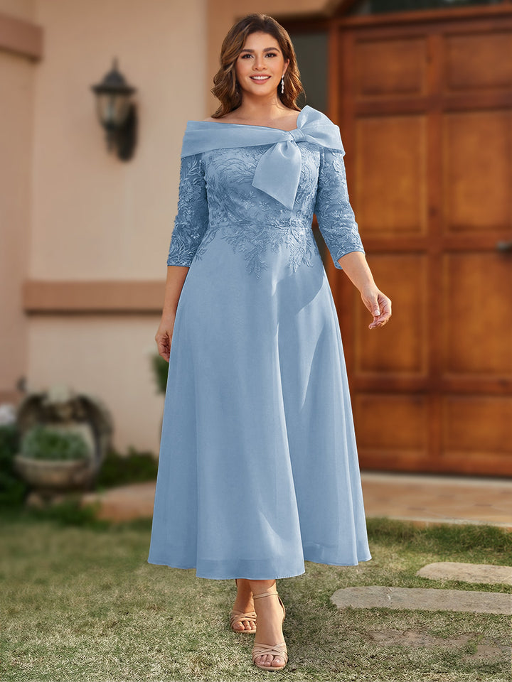 A-Line/Princess Off-the-Shoulder Ankle-Length Plus Size Mother of the Bride Dresses With Bow(s) &amp; Appliques