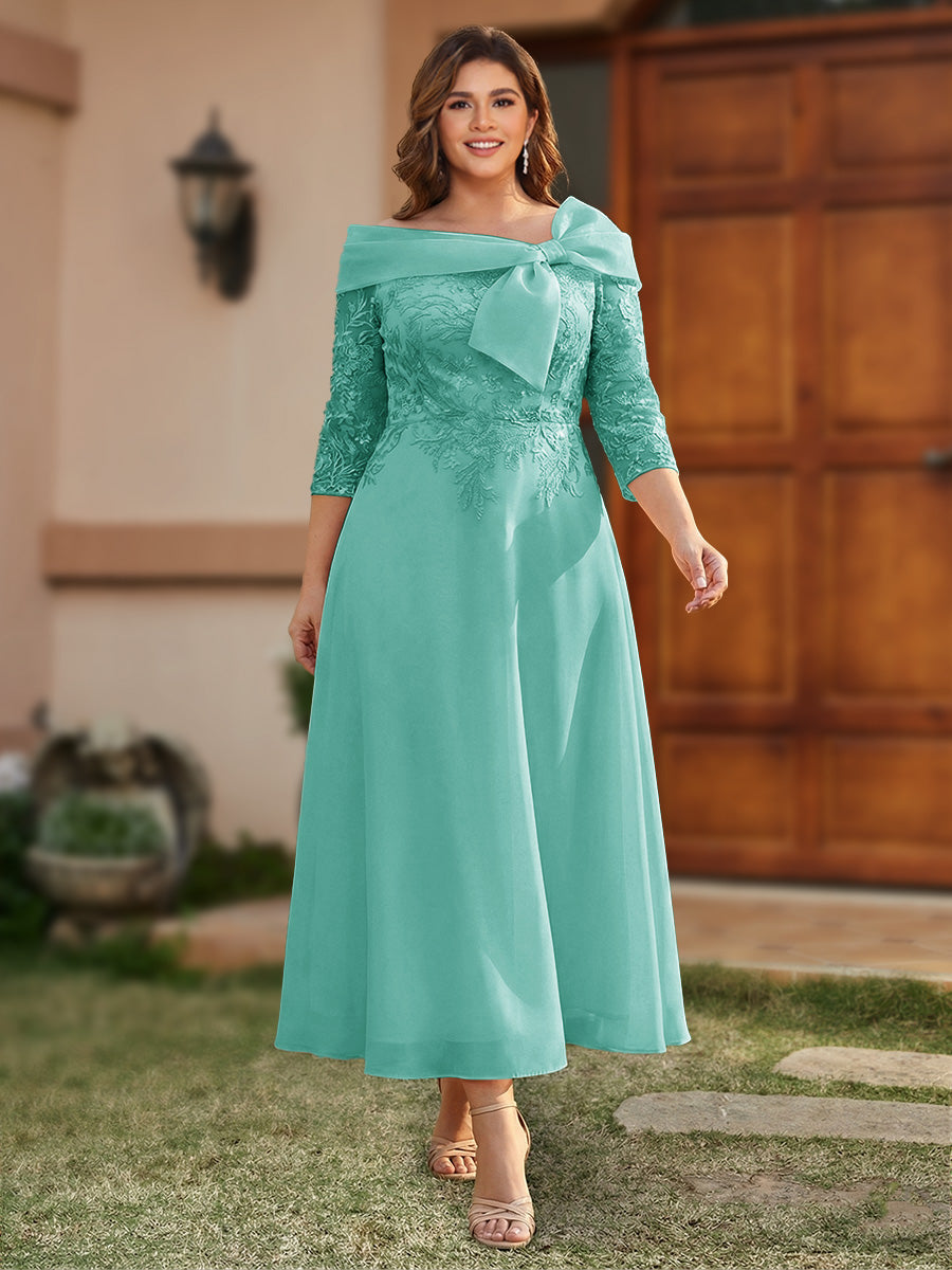 A-Line/Princess Off-the-Shoulder Ankle-Length Plus Size Mother of the Bride Dresses With Bow(s) &amp; Appliques