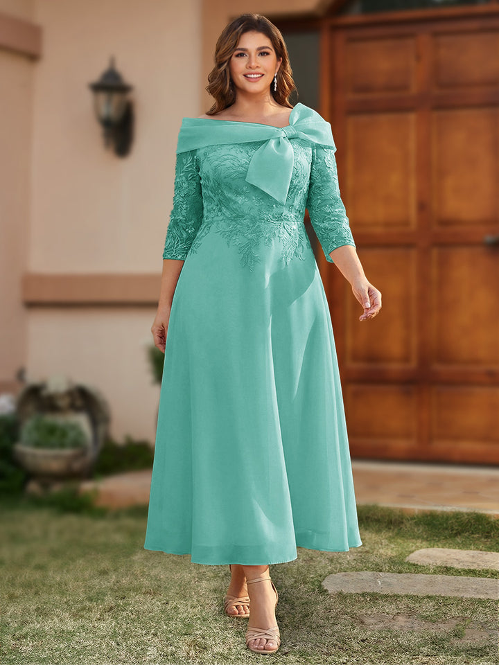 A-Line/Princess Off-the-Shoulder Ankle-Length Plus Size Mother of the Bride Dresses With Bow(s) &amp; Appliques