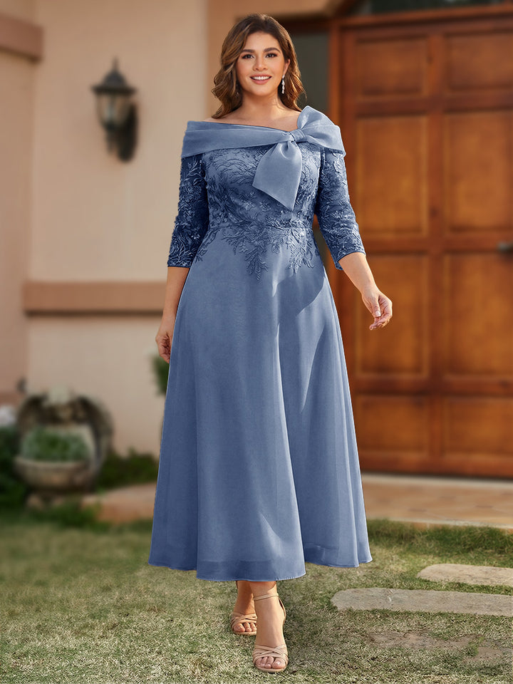 A-Line/Princess Off-the-Shoulder Ankle-Length Plus Size Mother of the Bride Dresses With Bow(s) &amp; Appliques