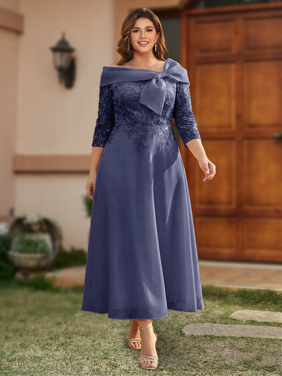 A-Line/Princess Off-the-Shoulder Ankle-Length Plus Size Mother of the Bride Dresses With Bow(s) &amp; Appliques
