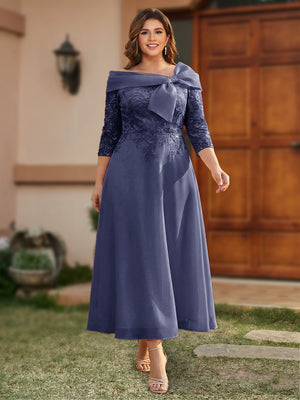 A-Line/Princess Off-the-Shoulder Ankle-Length Plus Size Mother of the Bride Dresses With Bow(s) & Appliques