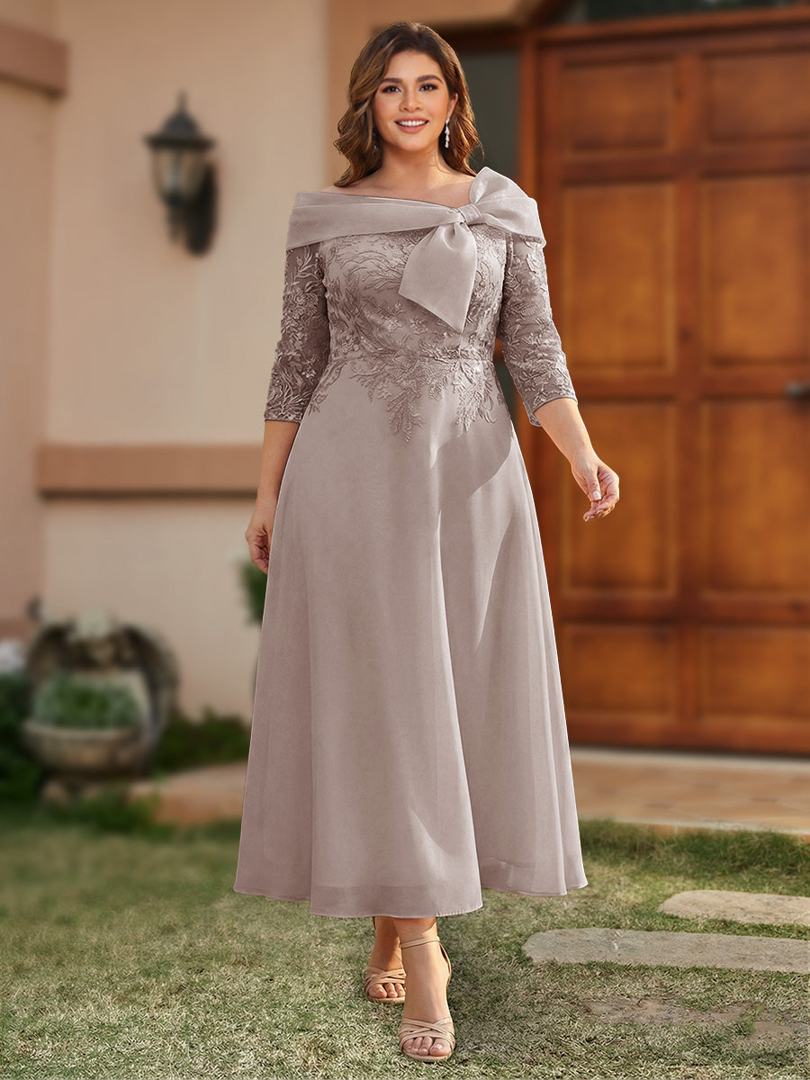 A-Line/Princess Off-the-Shoulder Ankle-Length Plus Size Mother of the Bride Dresses With Bow(s) &amp; Appliques