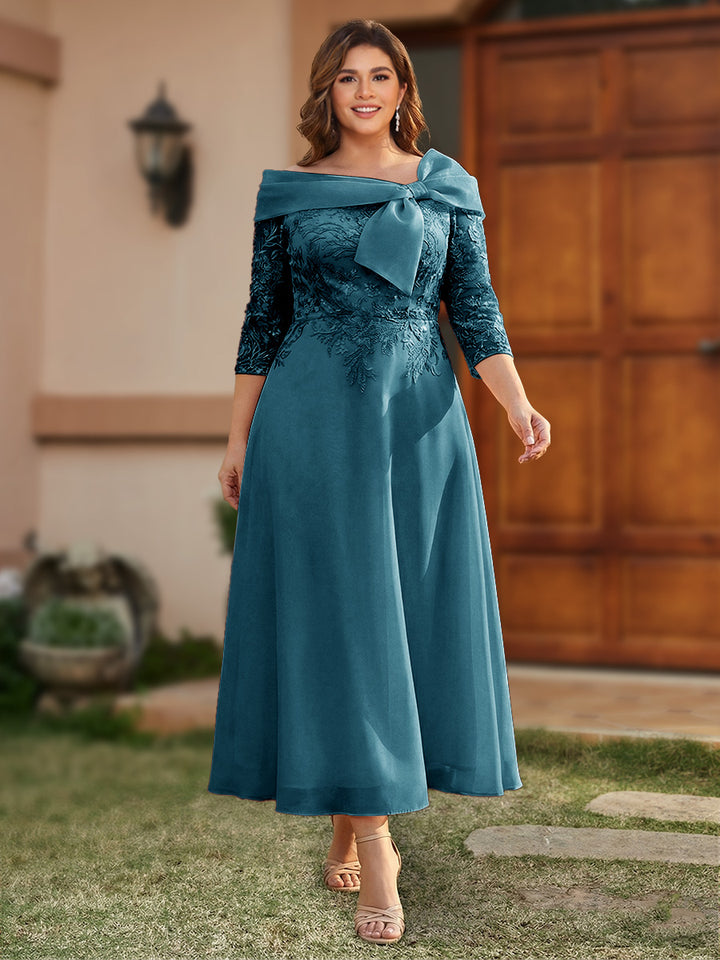 A-Line/Princess Off-the-Shoulder Ankle-Length Plus Size Mother of the Bride Dresses With Bow(s) &amp; Appliques