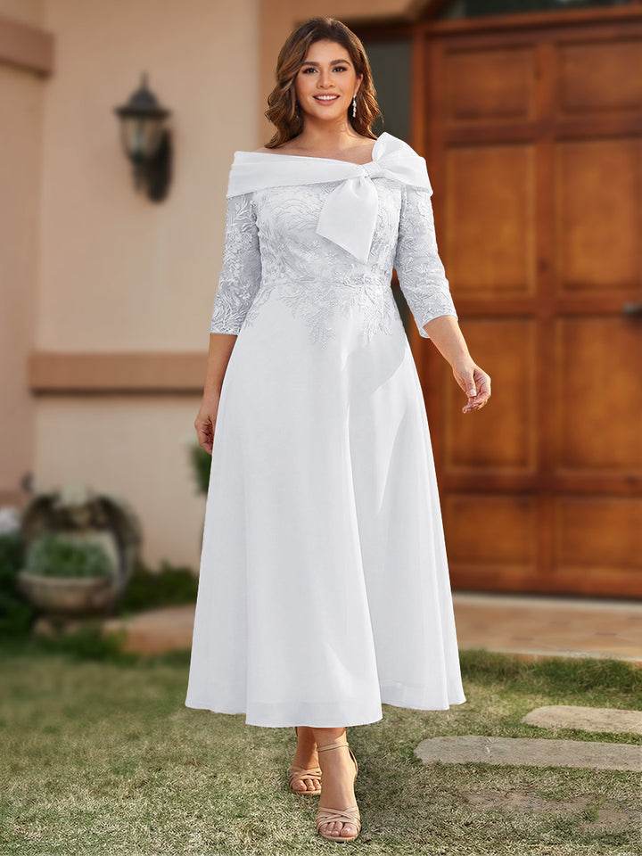 A-Line/Princess Off-the-Shoulder Ankle-Length Plus Size Mother of the Bride Dresses With Bow(s) &amp; Appliques