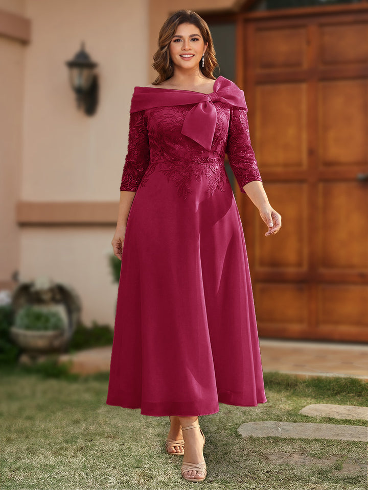 A-Line/Princess Off-the-Shoulder Ankle-Length Plus Size Mother of the Bride Dresses With Bow(s) &amp; Appliques
